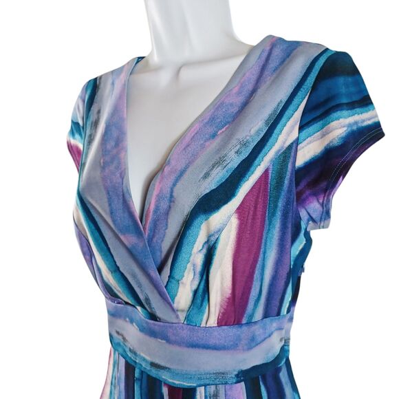 Rabbit Designs Watercolor Stripe Dress 10 NWT | Multicolor V-Neck Pleated Skirt - Picture 6 of 11
